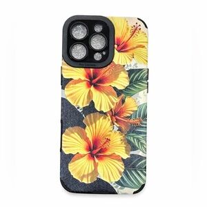 iPhone Phone Case Vertical Grain PU Leather Yellow Hibiscus Floral Pattern